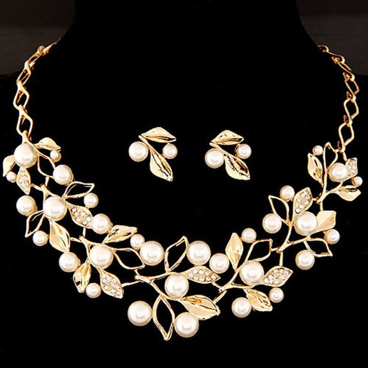 Pearl Rhinestone Branch Earrings Necklace Set Jewelry Female Accessories