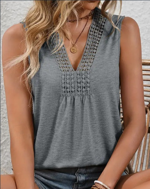 Stunning Lace V Neck Tank Top - Elegant Sleeveless Pleated Design, Flowy Silhouette, Breathable Fabric, Perfect For Spring & Summer, Women's Clothing, Versatile Wardrobe Essential